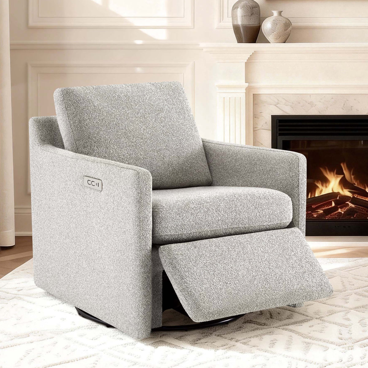 CHITA Power Swivel Recliner Chair, Upholstered Armchair with USB & Type-C Charging Ports, Adjustable Footrest, Light Grey Fabric, Single