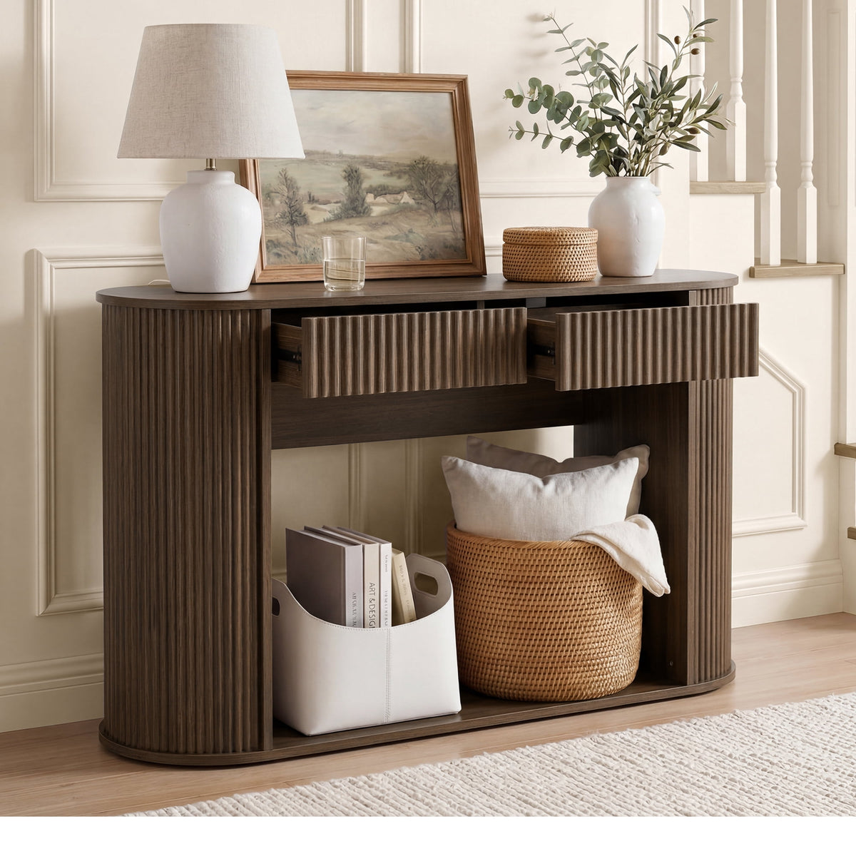 ReNest 47" Console Table, Boho Fluted Entryway Table with 2 Drawers & Open Storage Shelf, Walnut