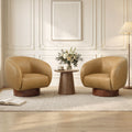 ReNest Mid-Century Modern Barrel Swivel Accent Chair with Wood Base, Genuine Leather Upholstery, Sand, Set of 2