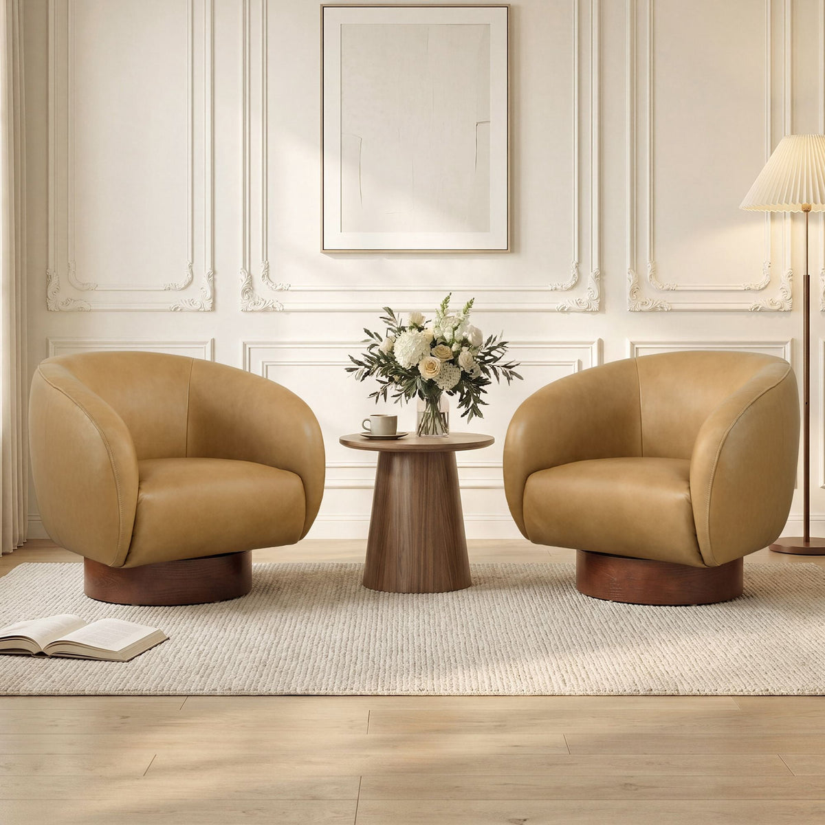 ReNest Mid-Century Modern Barrel Swivel Accent Chair with Wood Base, Genuine Leather Upholstery, Sand, Set of 2