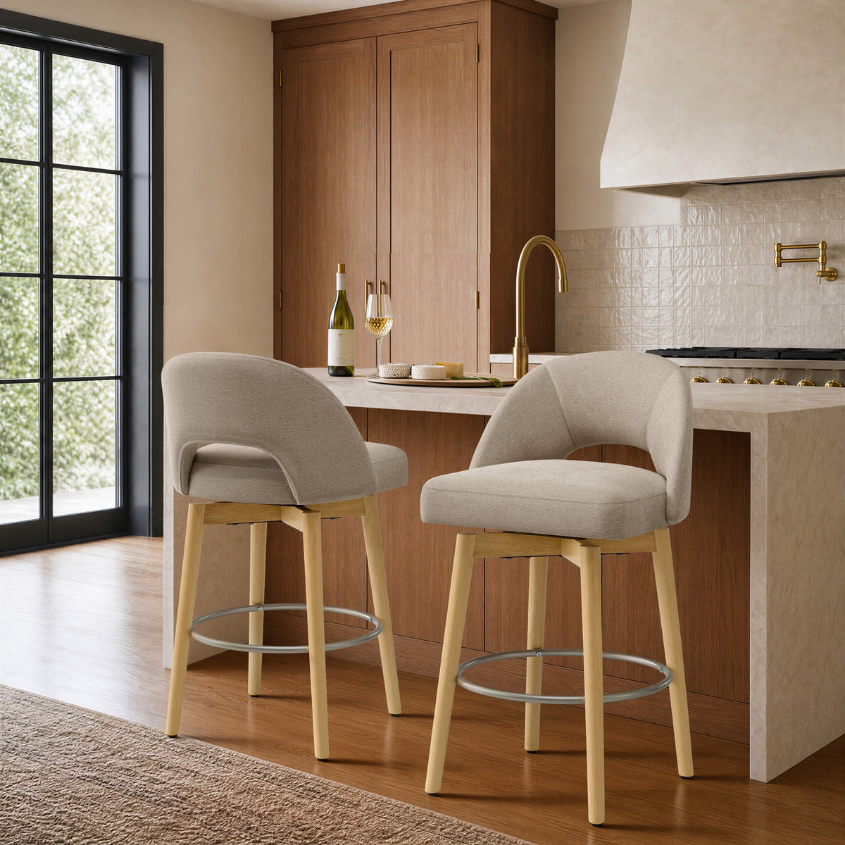 ReNest 27" Swivel Bar Stools, Upholstered Barstools with Wood Legs & Footrest, Counter Height Stools for Kitchen Island & Home Bar, Sand Fabric, Set of 2