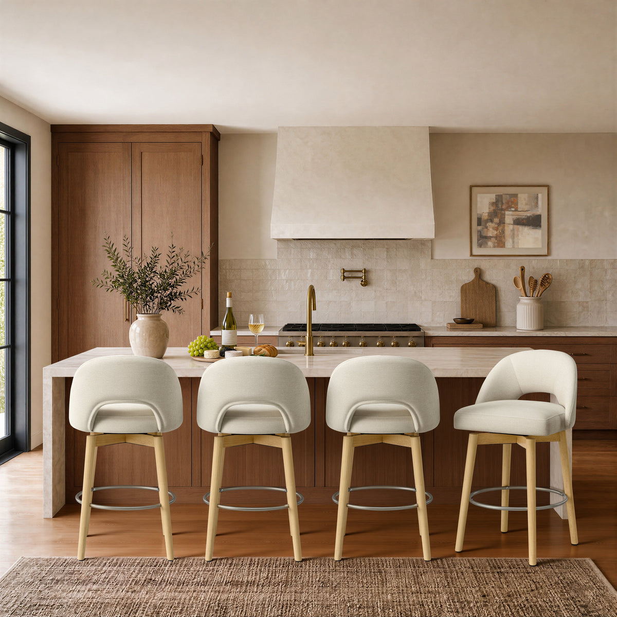 ReNest 27" Swivel Bar Stools, Upholstered Barstools with Wood Legs & Footrest, Counter Height Stools for Kitchen Island & Home Bar, Cream Fabric, Set of 4