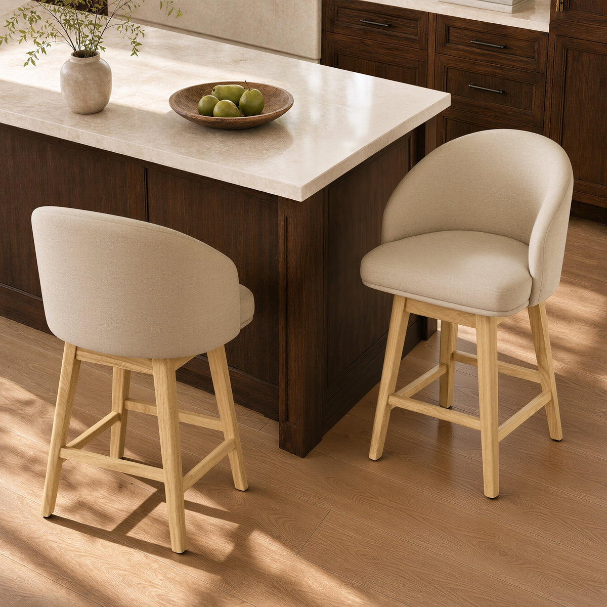 ReNest 27" Counter Height Bar Stools, Upholstered Barrel Back Barstools with Solid Wood Legs & Footrest, for Kitchen Island & Home Bar, Sand Fabric, Set of 2
