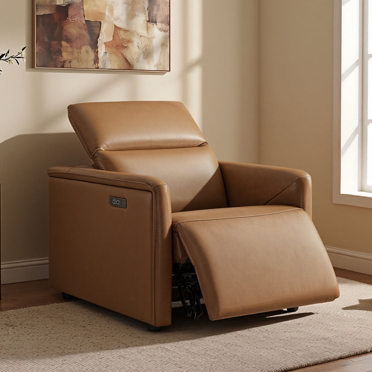 ReNest Top-Grain Leather Power Recliner, Dual Motor, Power Headrest, USB & Type-C Charging, Zero Wall, Saddle, Single