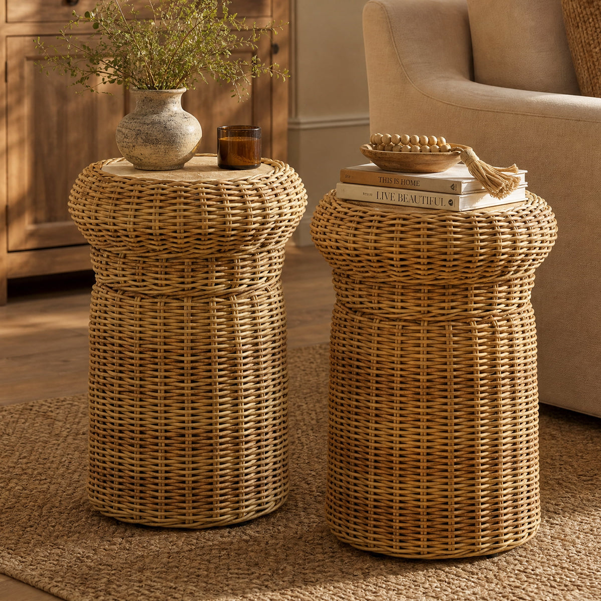 ReNest Outdoor Wicker Side Table, Patio Table with Cement Top, All-Weather Design, Adjustable Foot Levelers, Brown