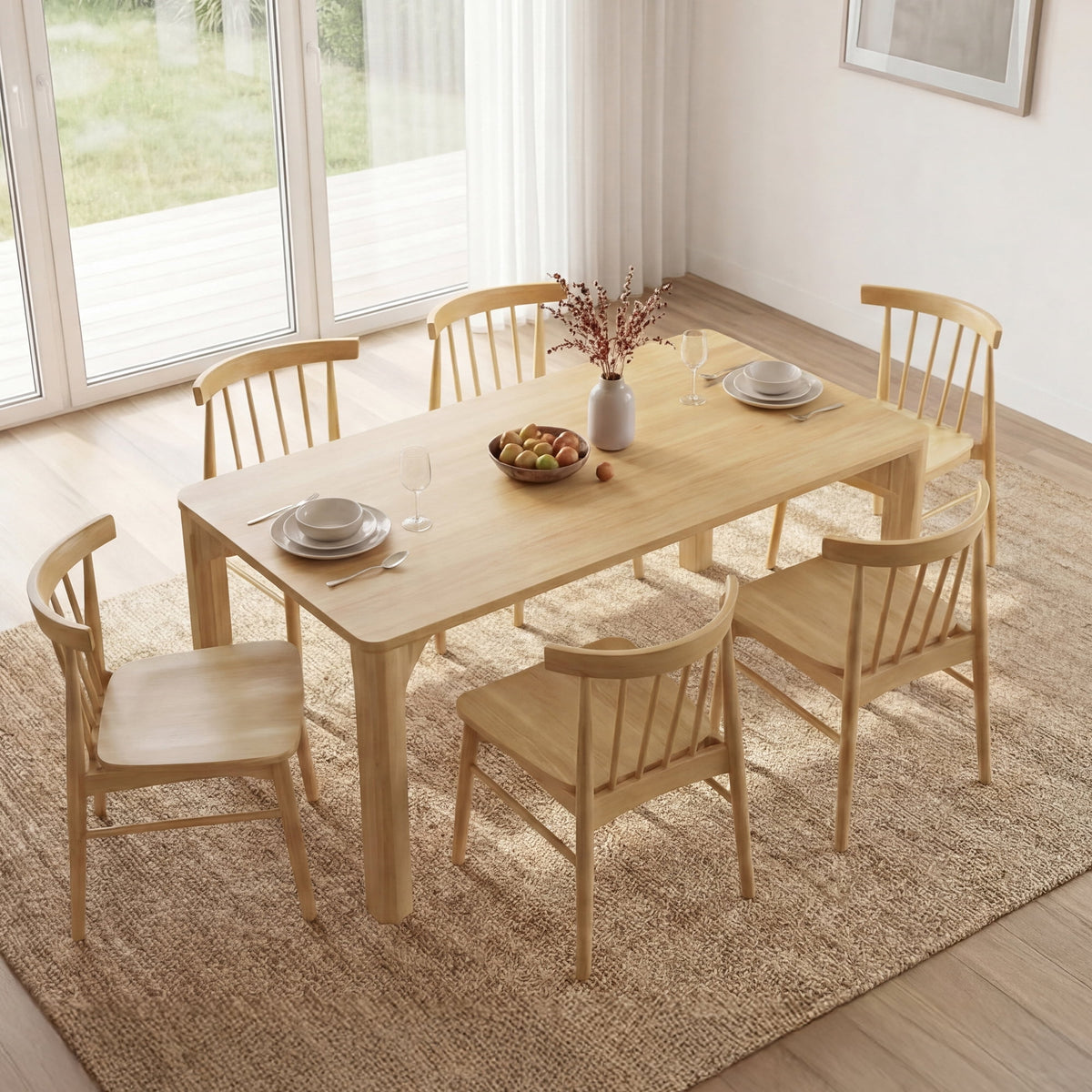 ReNest Windsor Dining Chairs Set of 6, Solid Wood Frame with Plywood Seat, Oak Veneer, Firm Spindle Back, Oak