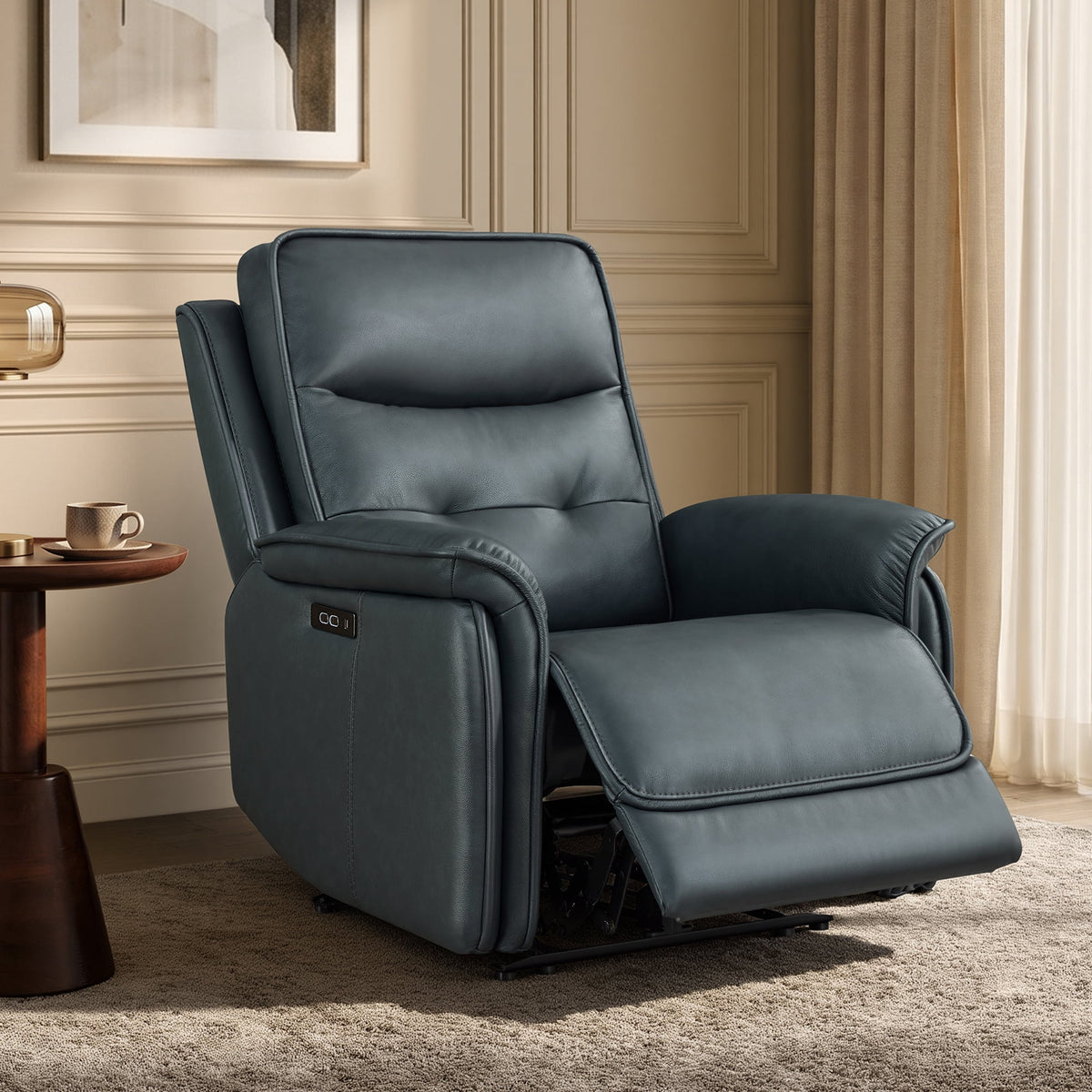 ReNest Power Recliner Chair, Electric Zero Gravity Recliner, Top Grain Leather, Dual Motor, Power Headrest & USB Type-C Charging, Navy