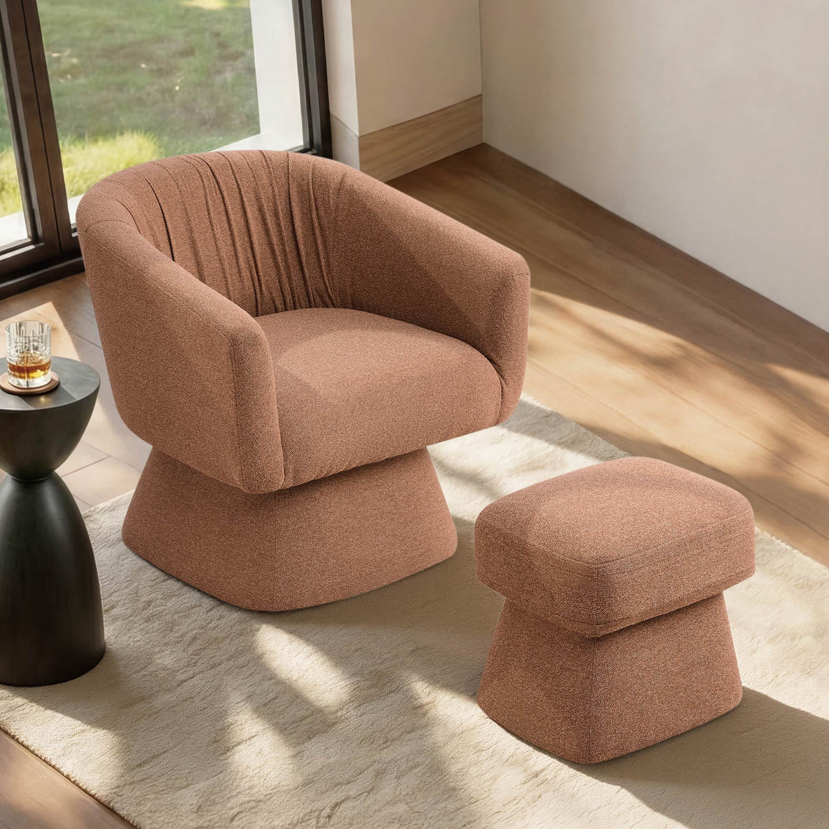 Modern Swivel Accent Chair with Ottoman, Boucle Upholstered Barrel Armchair, 360° Swivel Chair for Living Room, Bedroom & Office, Terracotta, Single Set