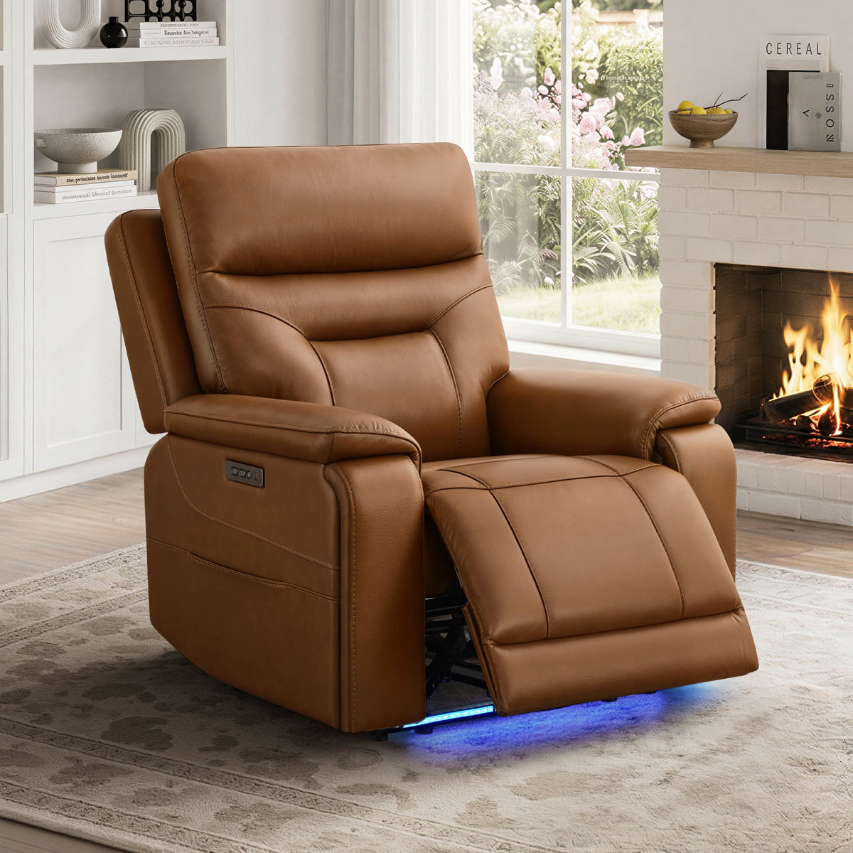 ReNest Power Recliner Chair, Electric Genuine Leather Recliner with Power Headrest, Dual Motor, Lay Flat, USB Type-C Charging, Cup Holders, Saddle, Single