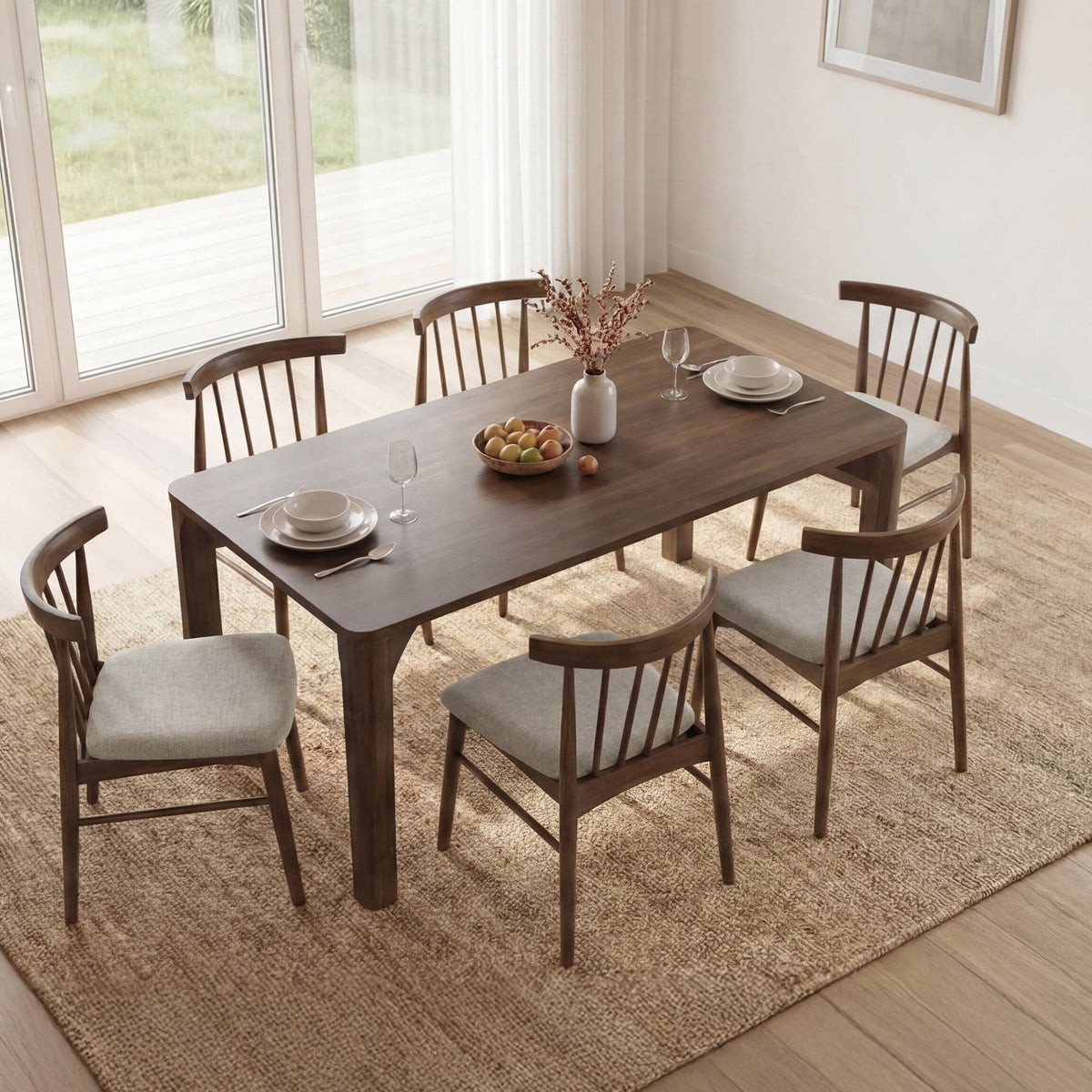 ReNest Windsor Dining Chairs Set of 6, Upholstered Spindle Back, Basketweave Fabric, Walnut Wood Frame, Silver Gray