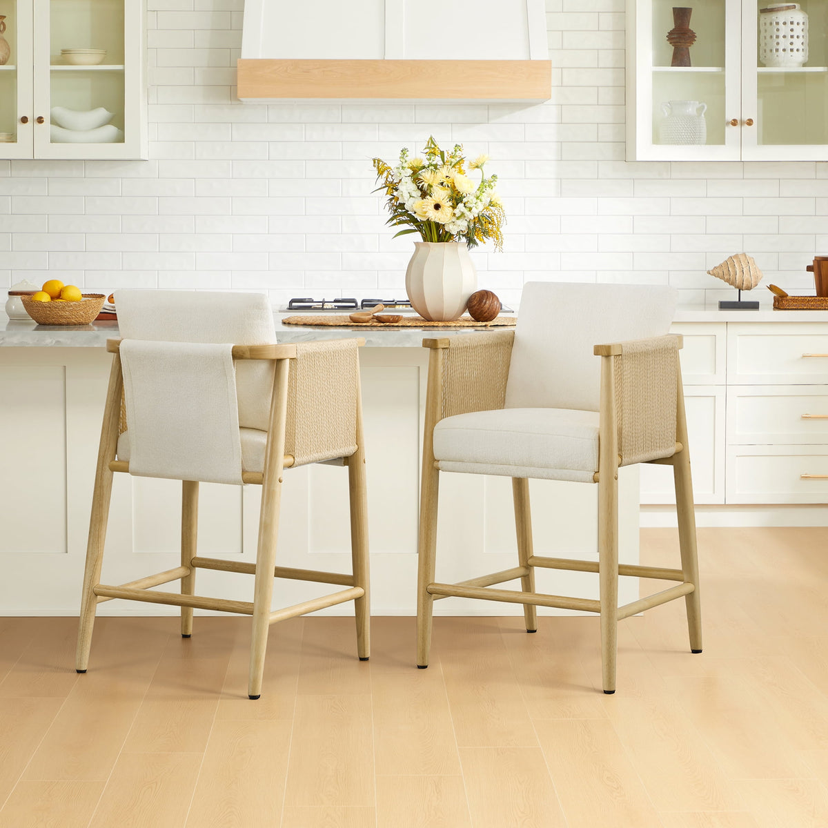 ReNest Modern Farmhouse 26" Counter Height Bar Stools, Upholstered Barstools with Backrest & Woven Paper Cord Arms for Kitchen Island, Cream, Set of 2
