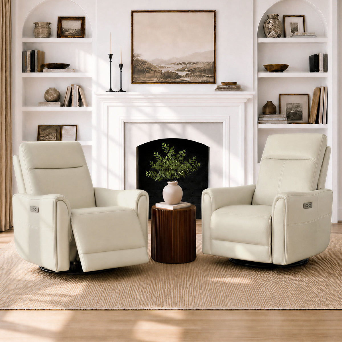 ReNest Swivel Power Recliner Chair, Genuine Leather Recliner with Power Headrest & USB and Type-C Charging Ports, Memory Foam Seat, Light Gray