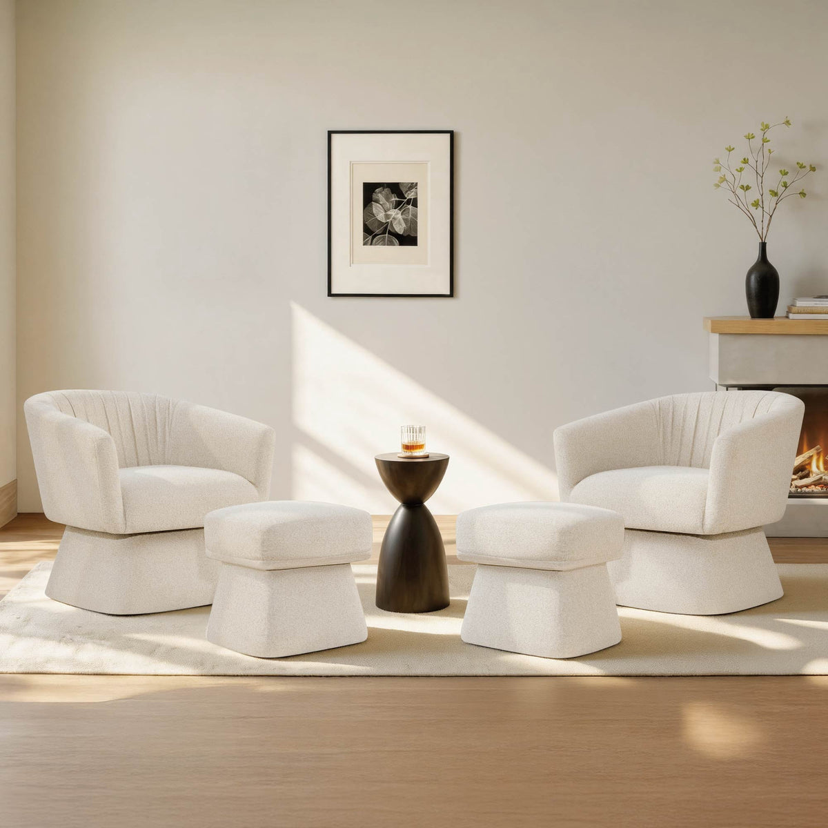 Modern Swivel Accent Chairs with Ottoman, Boucle Upholstered Barrel Armchairs, 360° Swivel Chair for Living Room, Bedroom & Office, Sand, 2 Chairs & 2 Ottomans