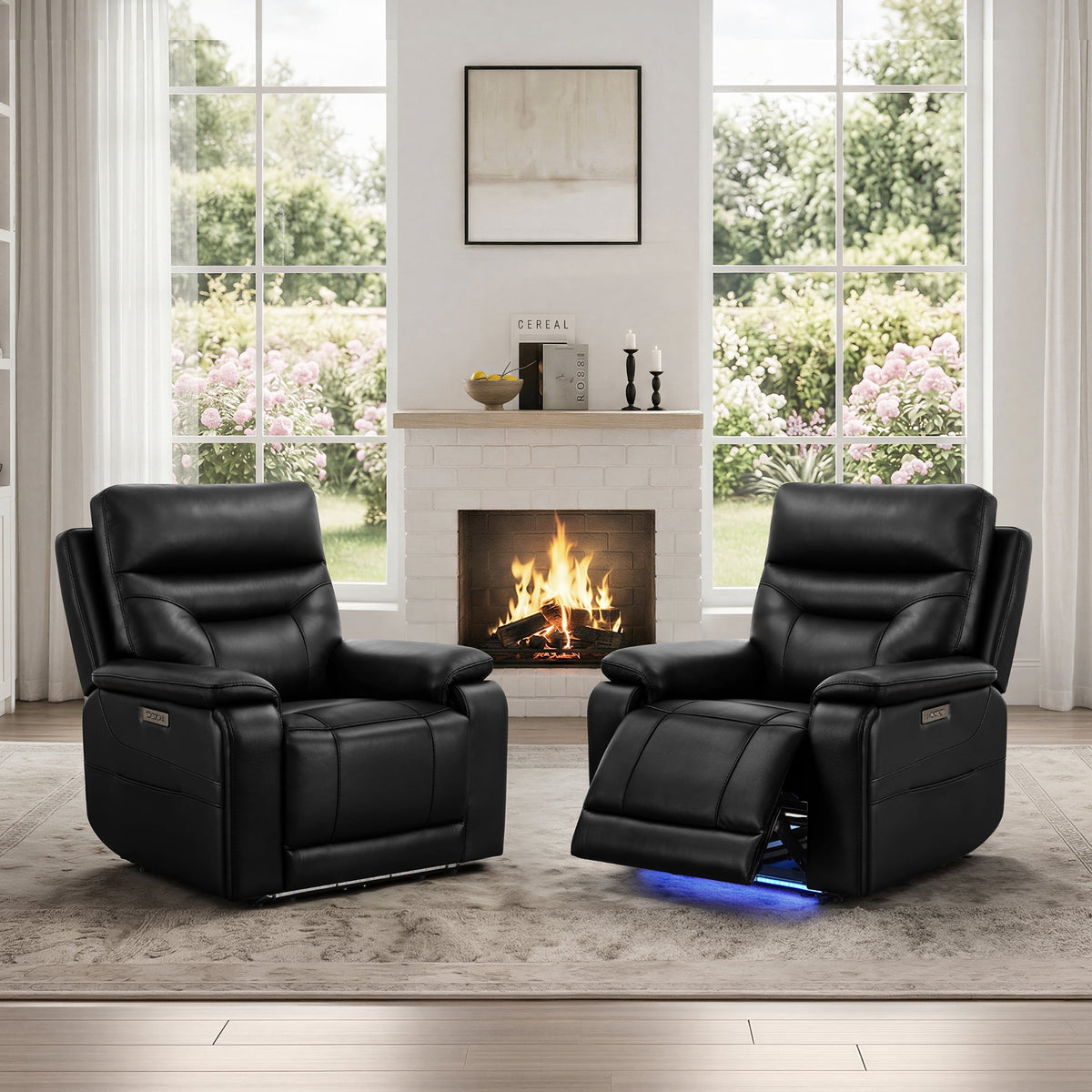 ReNest Power Recliner Chair, Electric Genuine Leather Recliner with Power Headrest, Dual Motor, Lay Flat, USB Type-C Charging, Cup Holders, Black