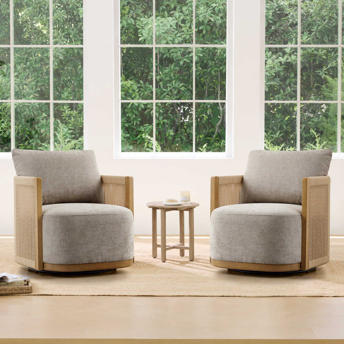 ReNest Mid-Century Modern Braid Swivel Accent Chair, Upholstered Armchair with Paper Cord, Mink Fabric, Set of 2