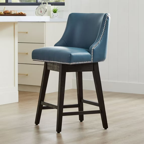 CHITA 26 inch Faux Leather Swivel Upholstered Counter Height Bar Stools with Full Back, Dark Blue