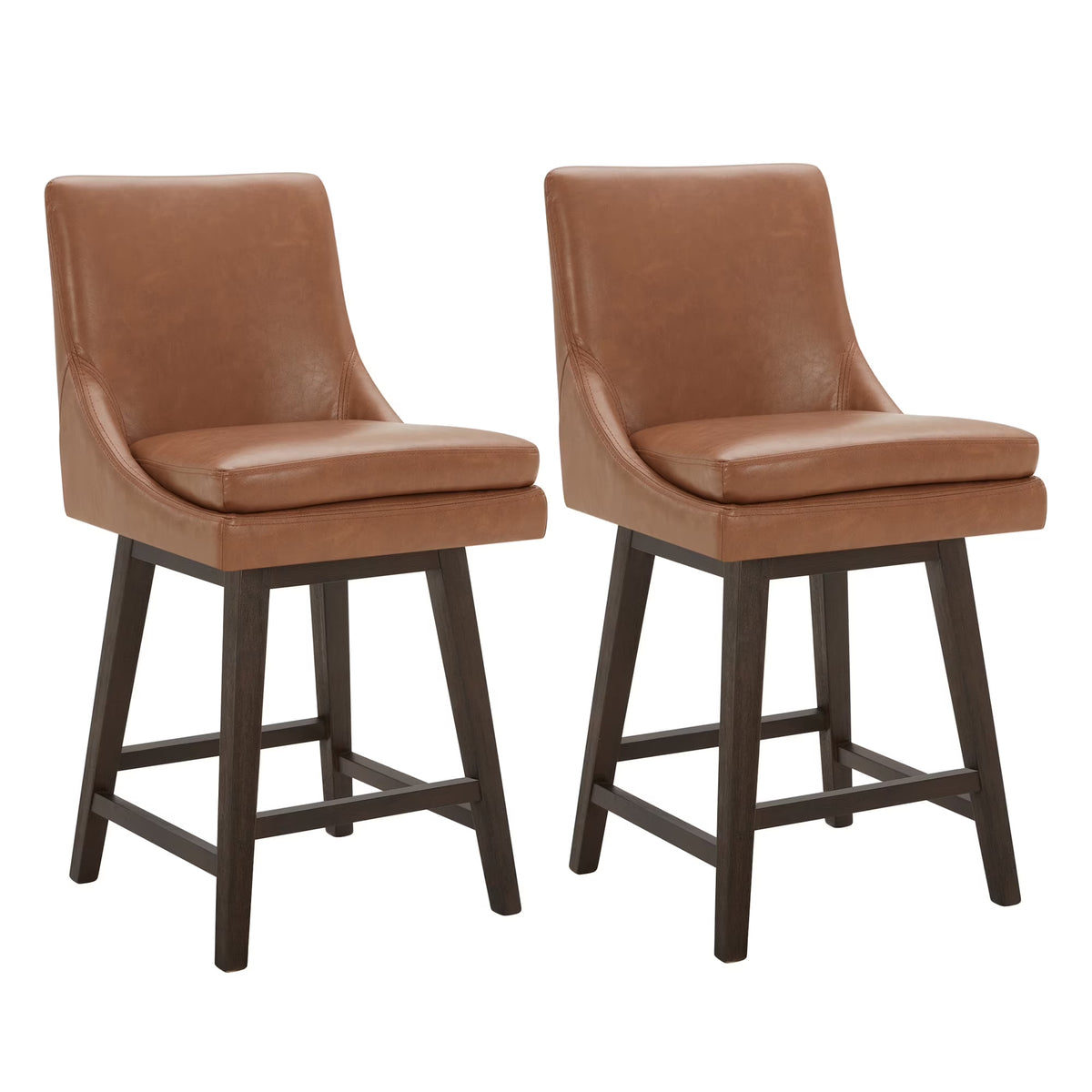 CHITA 26 inch Upholstered Swivel Faux Leather Counter Bar Stools with Back & Wood Legs Set of 2, Saddle Brown