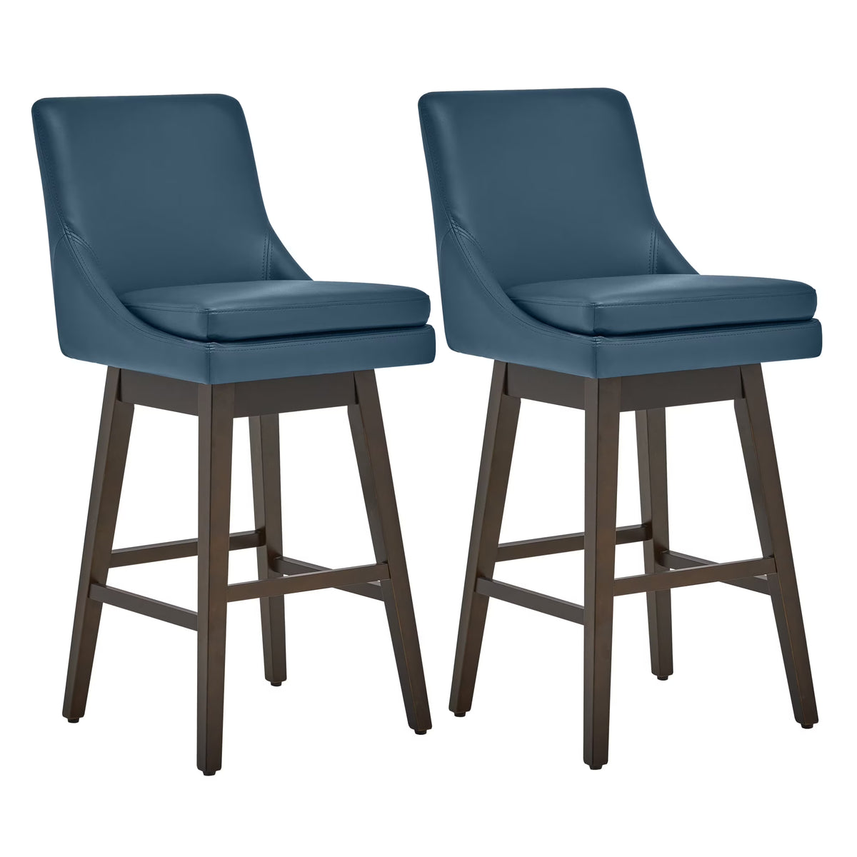CHITA 30 inch Upholstered Swivel Faux Leather Counter Bar Stools with Back & Wood Legs Set of 2, Dark Blue