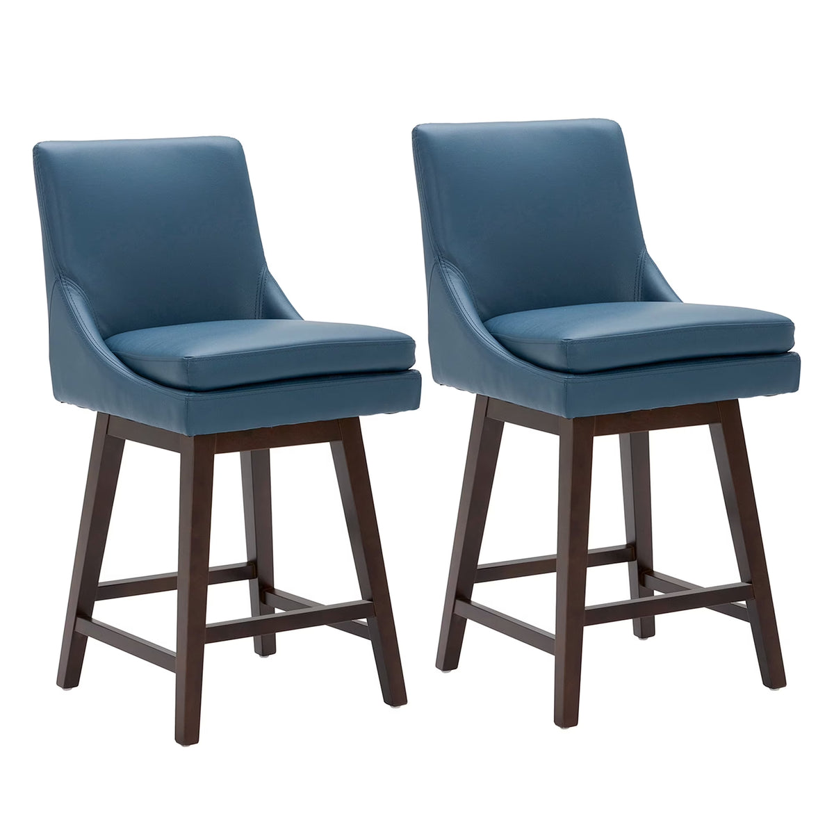 CHITA 26 inch Upholstered Swivel Faux Leather Counter Bar Stools with Back & Wood Legs Set of 2, Dark Blue