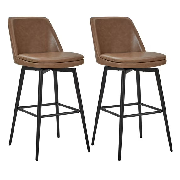 CHITA 30 inch Counter Height Swivel Bar Stools Low Back Set of 3, Metal Base, Faux Leather in Saddle Brown