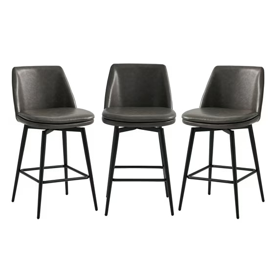 CHITA 27 inch Counter Height Swivel Bar Stools Low Back Set of 3, Metal Base, Faux Leather in Retro Gray