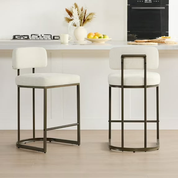 CHITA 26 inch Counter Height Bar Stool Set with Brass Frame Set of 2, Fabric in Linen