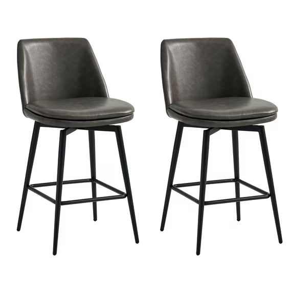 CHITA 27 inch Counter Height Swivel Bar Stools Low Back Set of 2, Metal Base, Faux Leather in Retro Gray