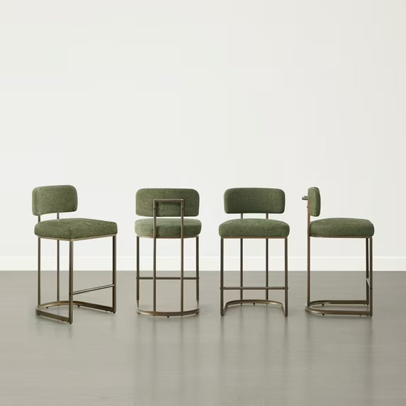 CHITA 26 inch Counter Height Bar Stool Set with Brass Frame Set of 4, Fabric in Moss Green