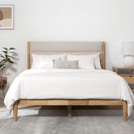 CHITA Full Size Upholstered Platform Bed Frame with Headboard, Boucle Fabric Style, No Box Spring Needed, Oatmeal & Natural