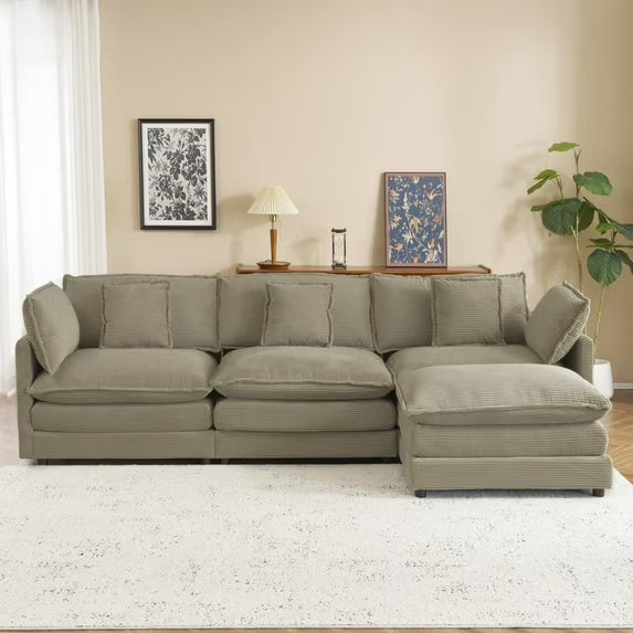 112.6" Modern Sofa Modular Sofa Couch Upholstered Corduroy L-Shape Sectional Sofa with Side Storage Pockets for Living Room