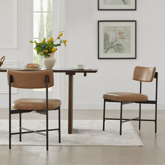 CHITA Mid-Century Modern Dining Chairs Set of 2, Faux Leather Kitchen Chair with Upholstered Seat & Metal Legs, Saddle Brown
