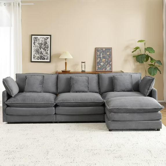 112.6" Modern Sofa Modular Sofa Couch Upholstered Corduroy L-Shape Sectional Sofa with Side Storage Pockets for Living Room