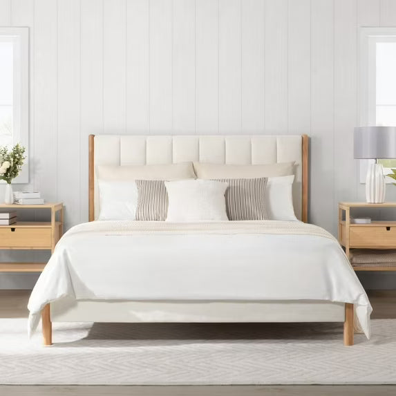 CHITA Full Size Upholstered Platform Bed Frame with Headboard,Cream
