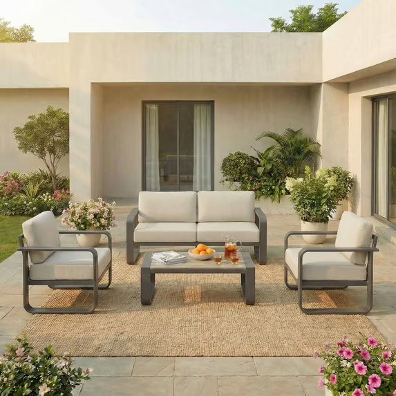 CHITA 4-Piece Patio Conversation Set, Aluminum Wood-Grain Outdoor Furniture with Loveseat, Rustproof Frame & Thick Cushions