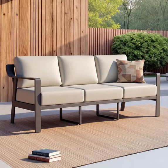 Renest Outdoor Patio 3-Seater Sofa, Aluminum Wood-Grain Couch with 6.3" Thick Olefin Cushions, Rustproof & Water-Repellent ,Gray