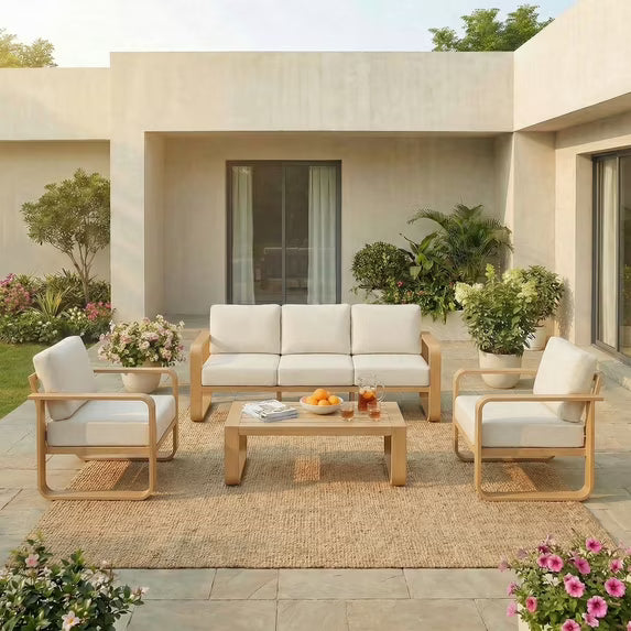 ReNest 4-Piece Patio Conversation Set, Aluminum Wood-Grain Outdoor Furniture with 3-Seater Sofa, Water-Repellent Olefin Cushions, Grey/Beige