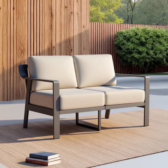 ReNest Outdoor Patio Loveseat, Aluminum Wood-Grain 2-Seater Furniture with Water-Repellent Olefin Cushions ,Gray