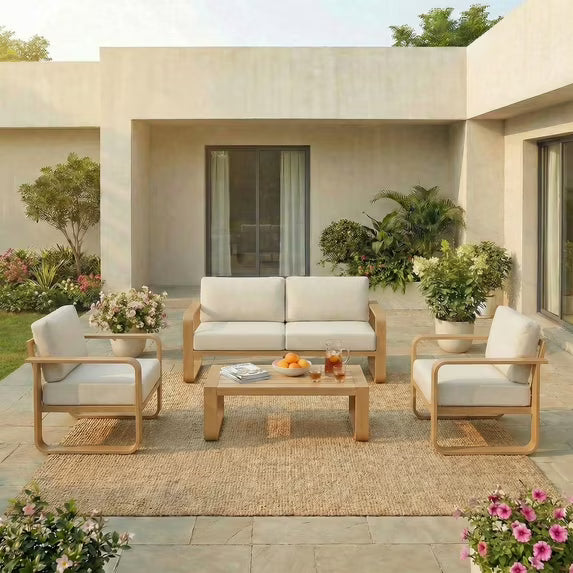 ReNest 4-Piece Patio Conversation Set, Aluminum Wood-Grain Outdoor Furniture with Loveseat, Rustproof Frame & Thick Cushions, Cream