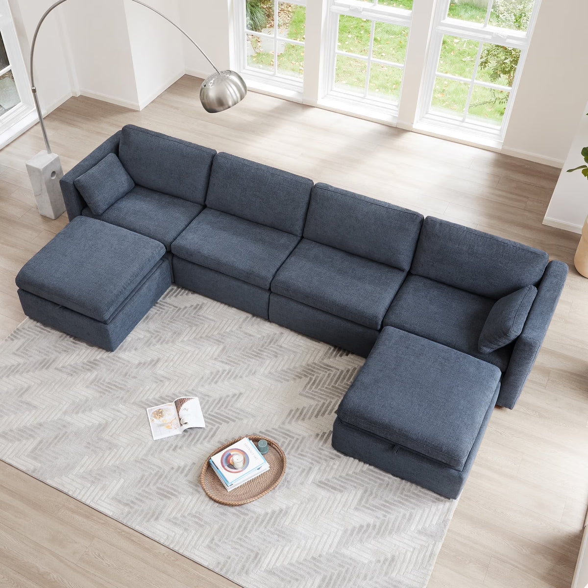 CHITA Oversized Modular Sectional Sofa Set with Storage Ottoman,Extra Large U-Shape Sofa Couch with Reversible Chaise,6 Seat Modern Modular Sofa for Living Room,Blue,146 inch Width