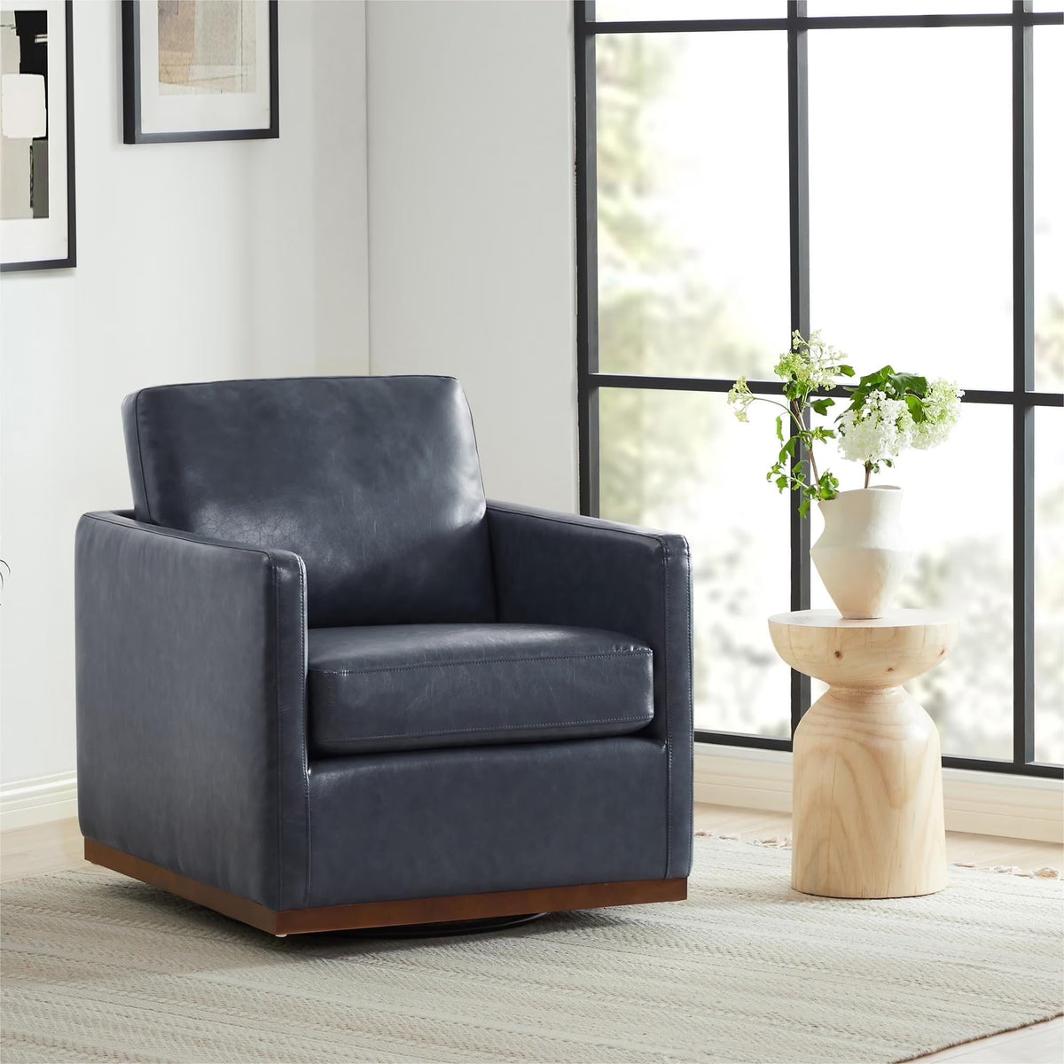 CHITA Swivel Accent Chairs for Living Room, Comfortable Arm Chairs for Bedroom, Faux Leather in Navy Blue