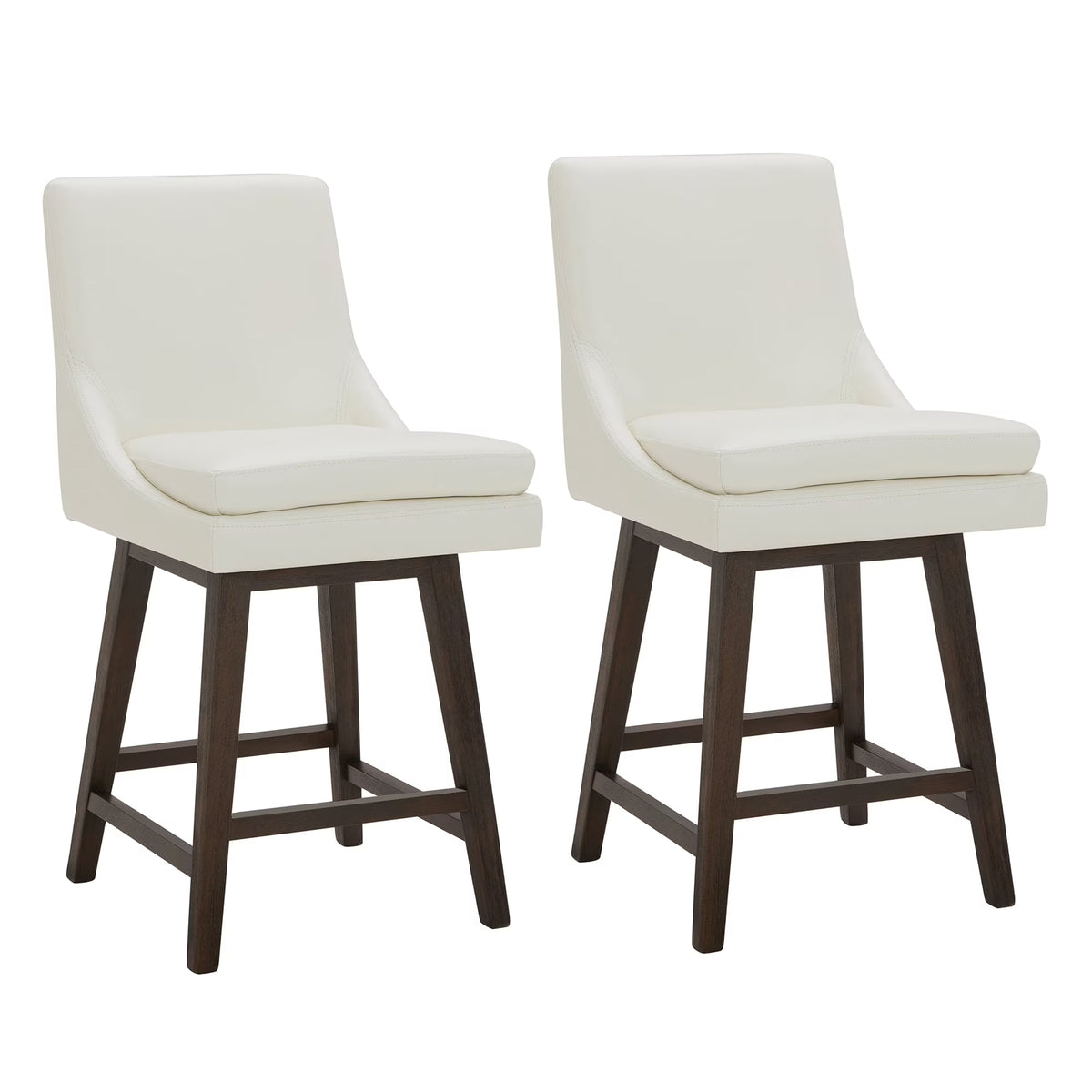 CHITA 26 inch Upholstered Swivel Faux Leather Counter Bar Stools with Back & Wood Legs Set of 2, Pure White