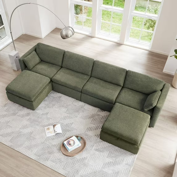 CHITA Oversized Modular Sectional Sofa Set with Storage Ottoman,Extra Large U-Shape Sofa Couch with Reversible Chaise,6 Seat Modern Modular Sofa for Living Room,Green,146 inch Width