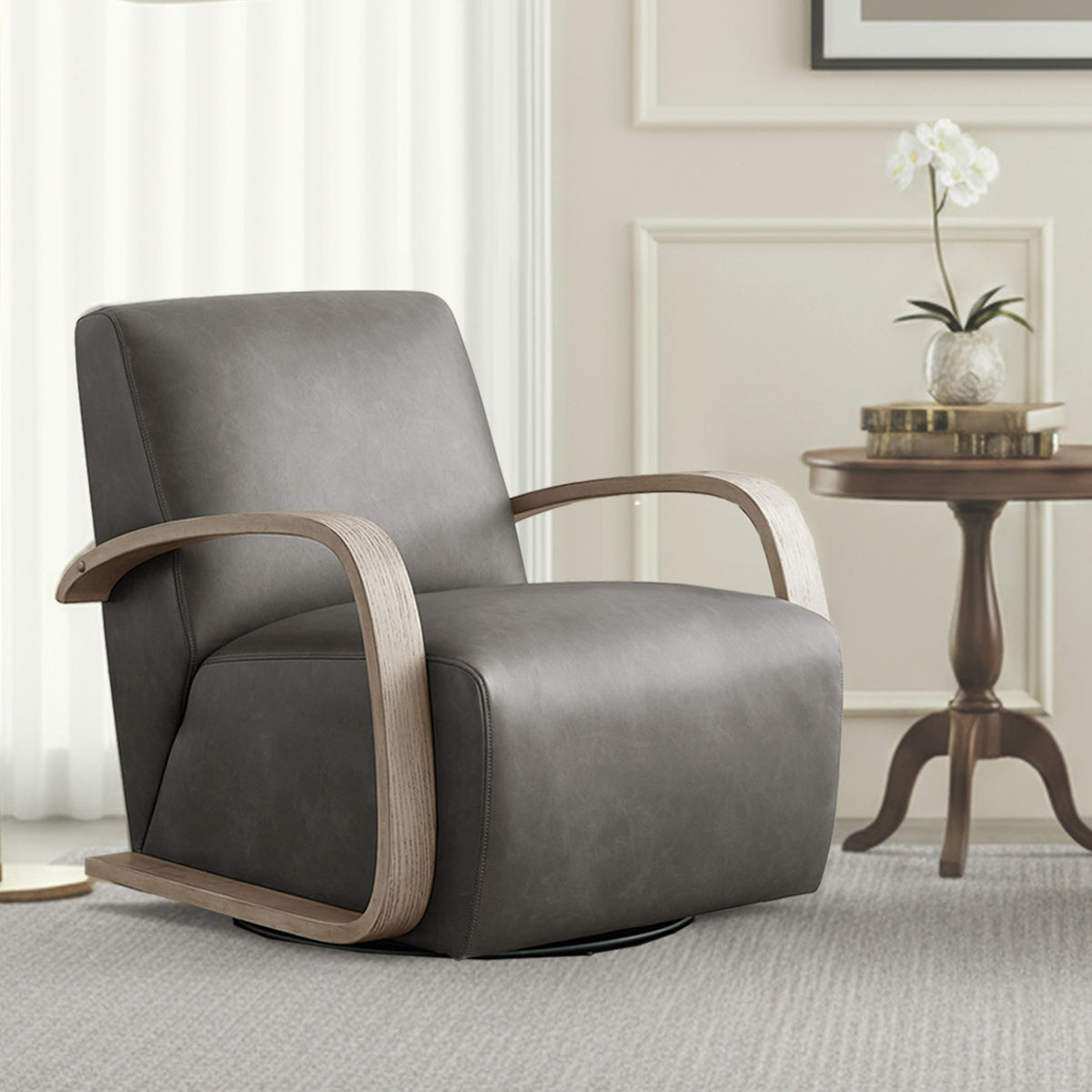 CHITA Swivel Accent Chair with U-shaped Wood Arm for Living Room & Bedroom, Dark Gray Faux Leather & Light Gray Wood