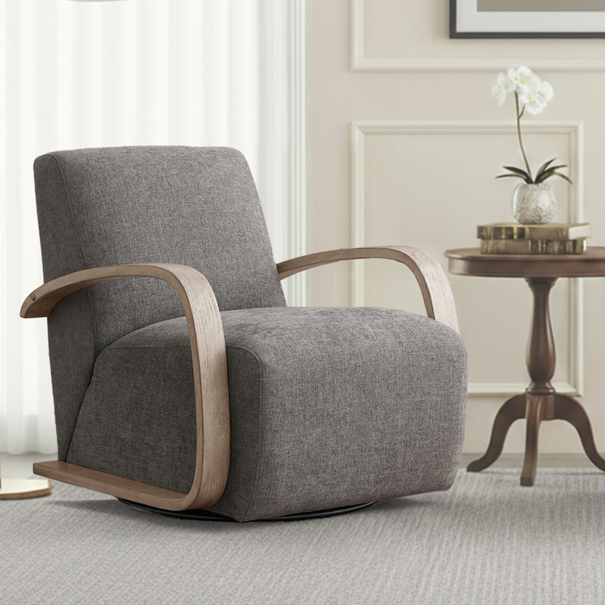 CHITA Swivel Accent Chair with U-shaped Wood Arm for Living Room & Bedroom, Fossil Gray Fabric & Light Gray Wood