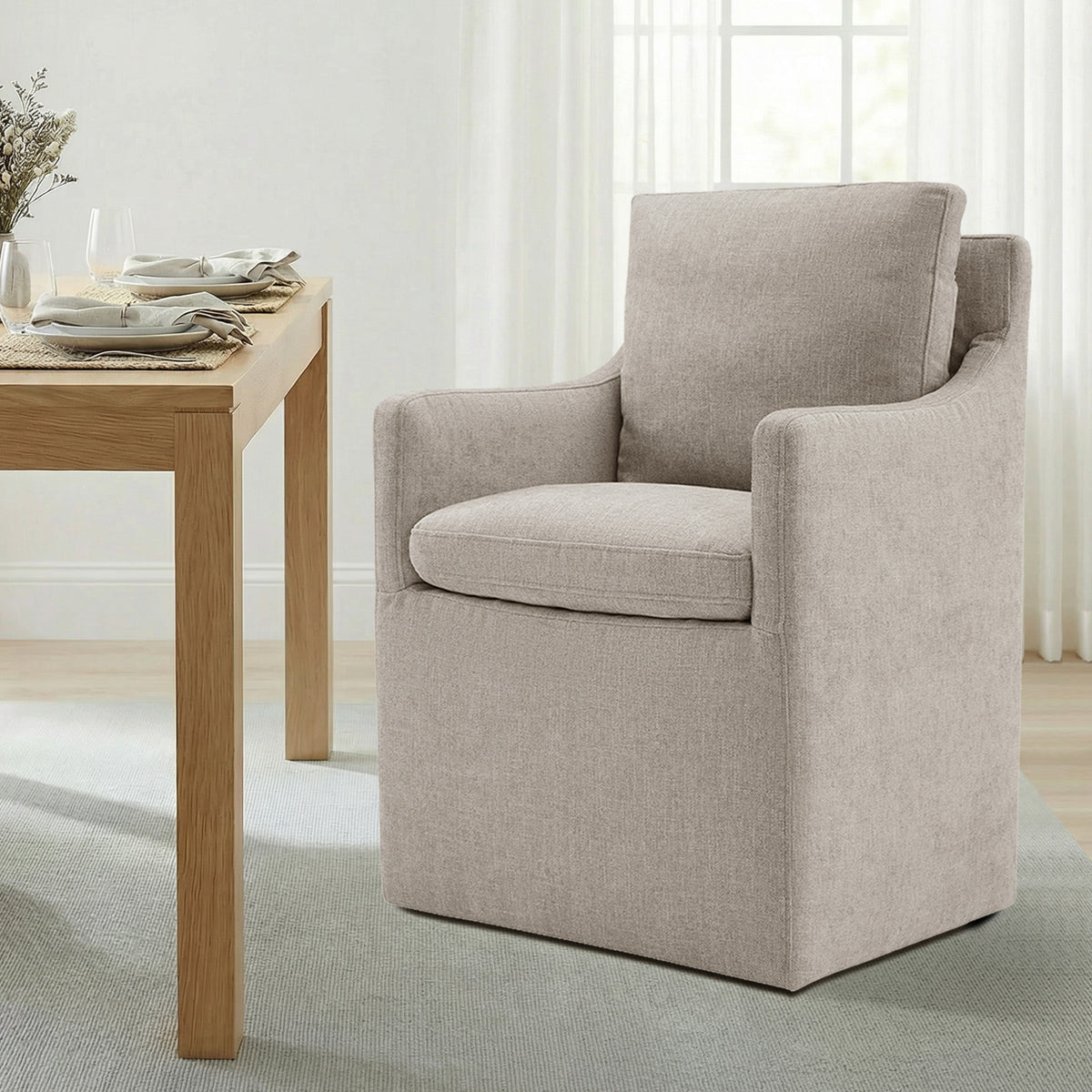 CHITA Dining Arm Chair with Caster Wheels for Kitchen Fabric Upholstered Dining Room Chair, Beige