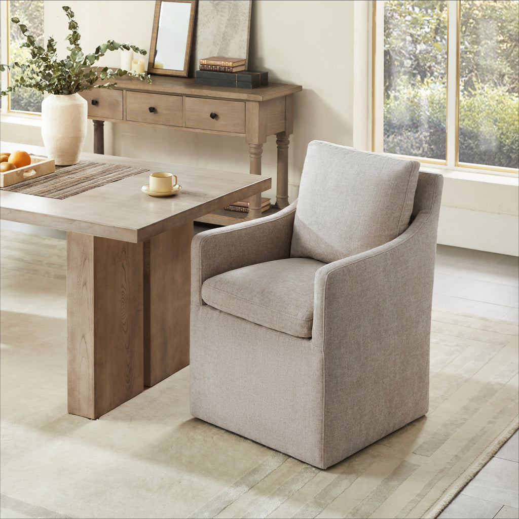 Hailey Dining Arm Chair with Caster Wheels Fabric Fully Assembled