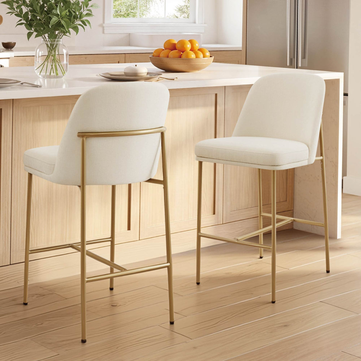 ReNest 27" Counter Height Bar Stools Set of 2 for Kitchen Island, Upholstered Fabric, Creamy Grey