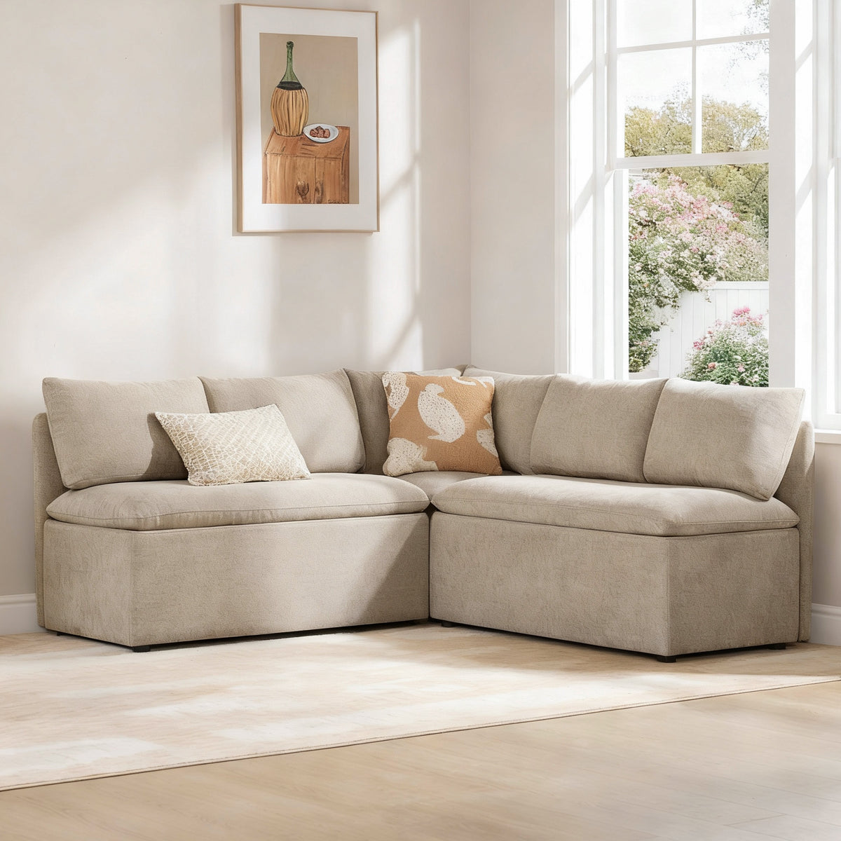ReNest L-Shaped Storage Banquette Sectional, 5-Seat Set with Double 2-Seat Benches and Corner, Khaki
