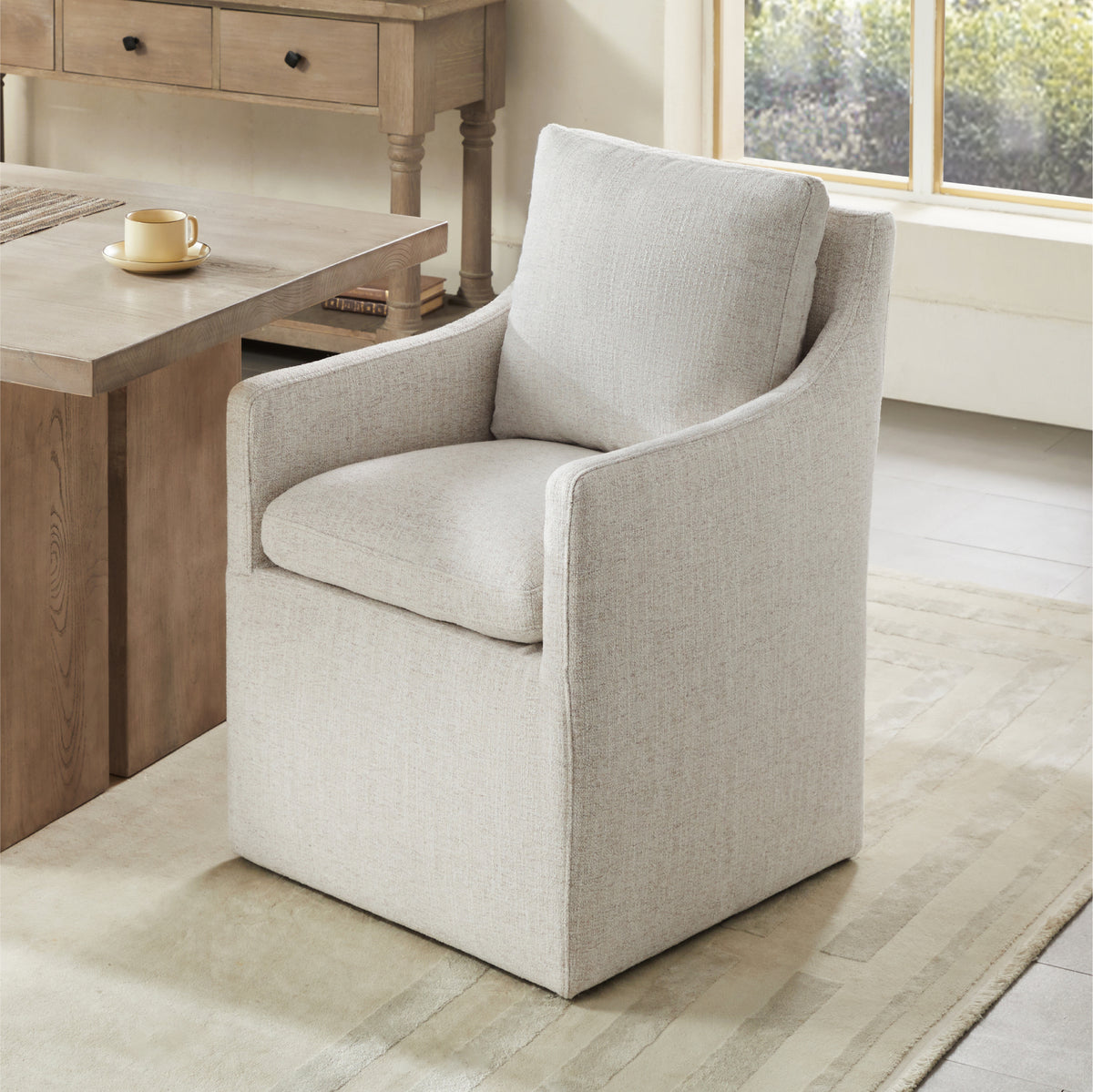 Hailey Dining Arm Chair with Caster Wheels Fabric Fully Assembled