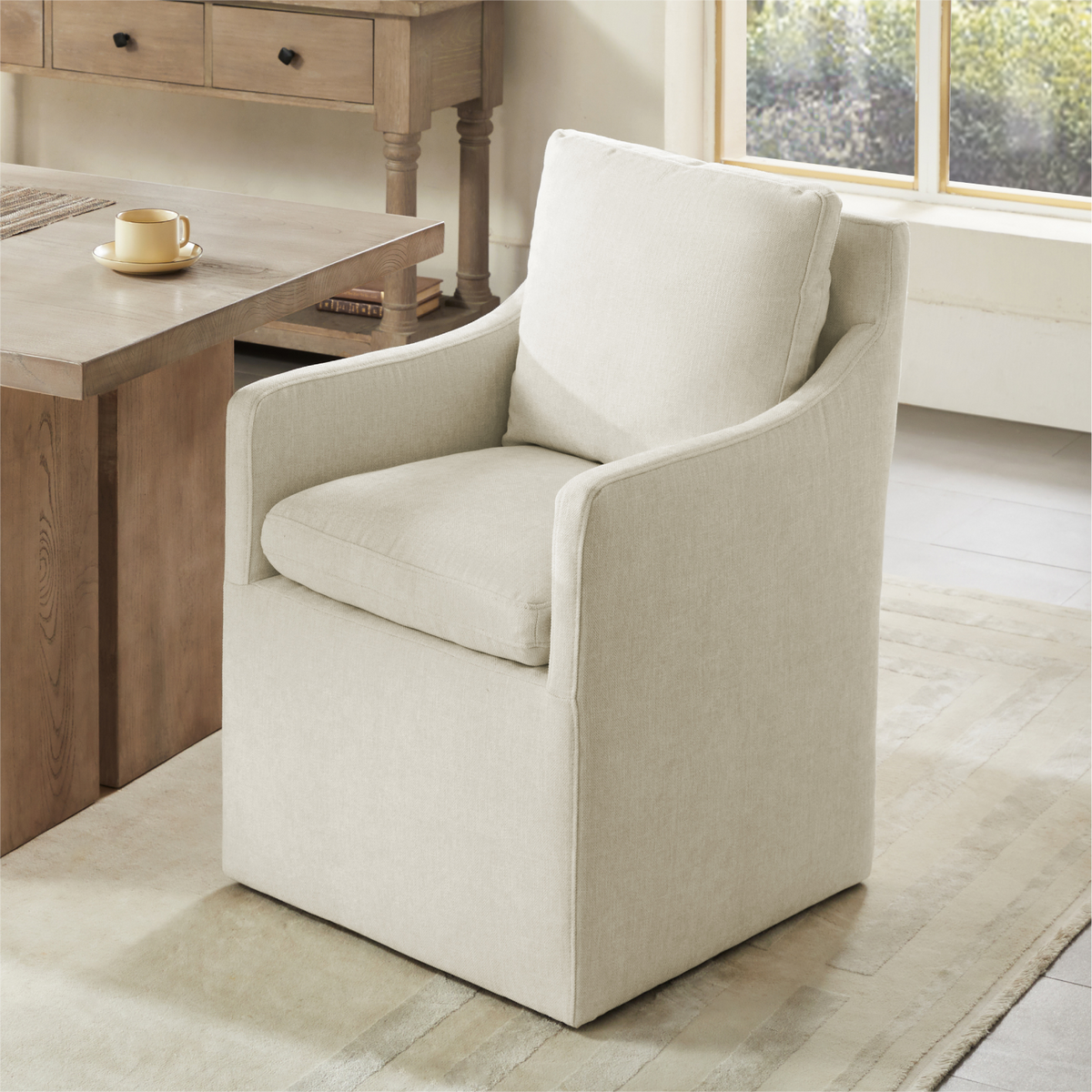 Hailey Dining Arm Chair with Caster Wheels Fabric Fully Assembled